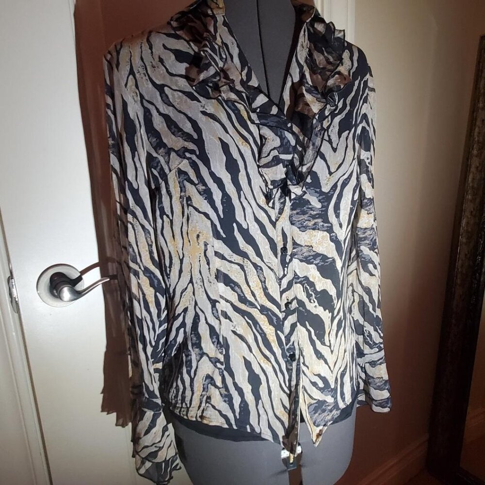 Zebra Animal Striped Ruffled Silk Blouse